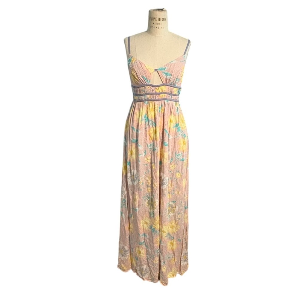 Free People Wisteria Floral Maxi Dress Pink Yellow Cutout Open Back Medium